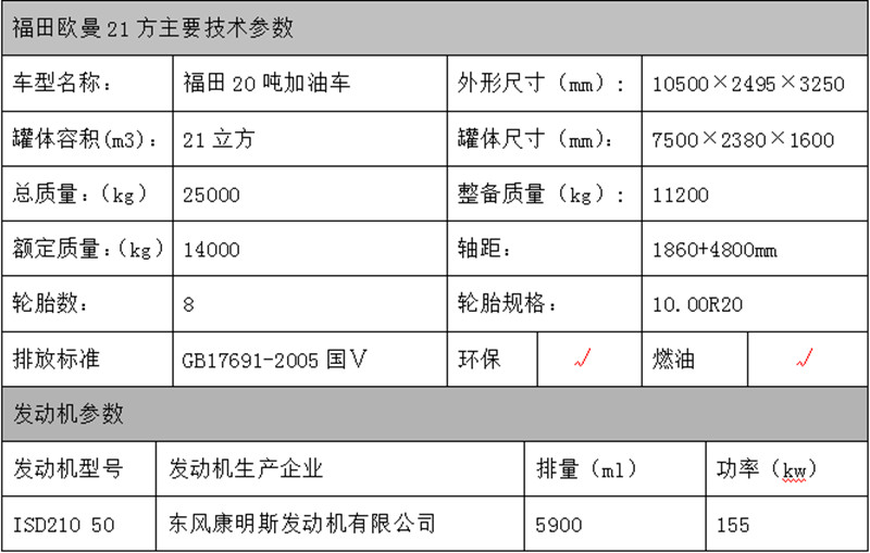 福田欧曼小三轴油罐车参数表